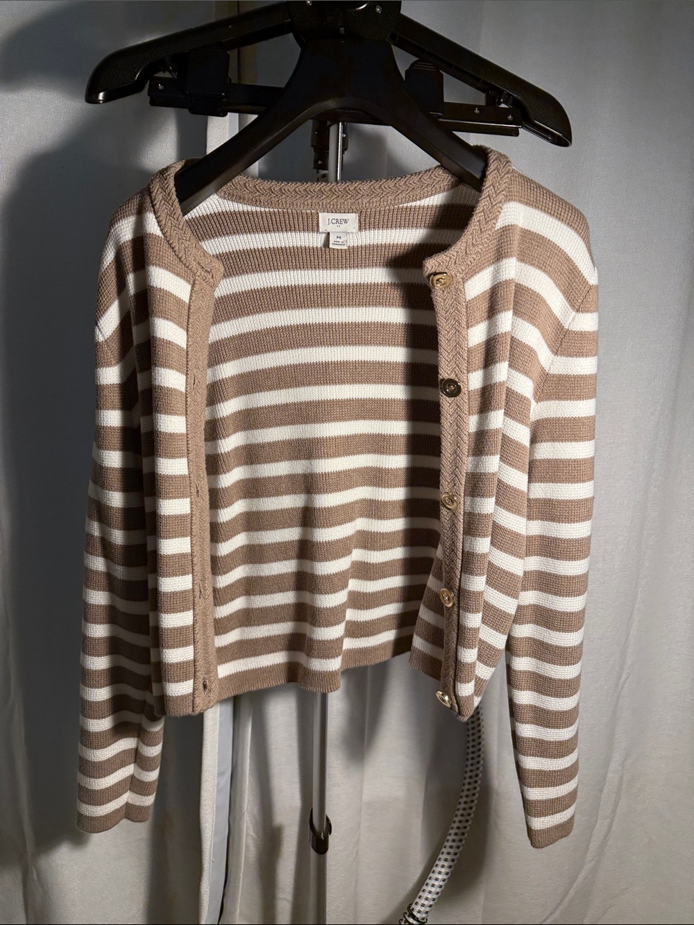 J. Crew Taupe and Cream Striped Cotton Cardigan